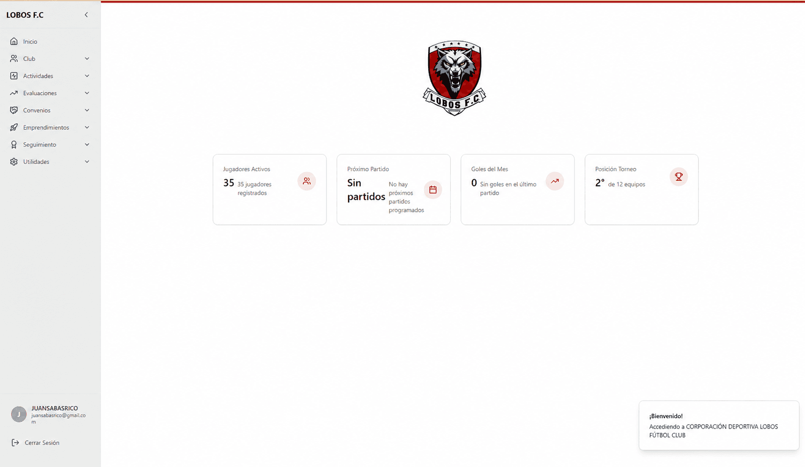 Interfaz de gestión deportiva de SADI CDF